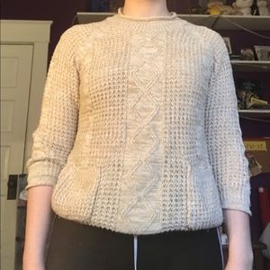 Poof Excellence knit sweater, cream and white, 3/4 sleeves, size small, pockets